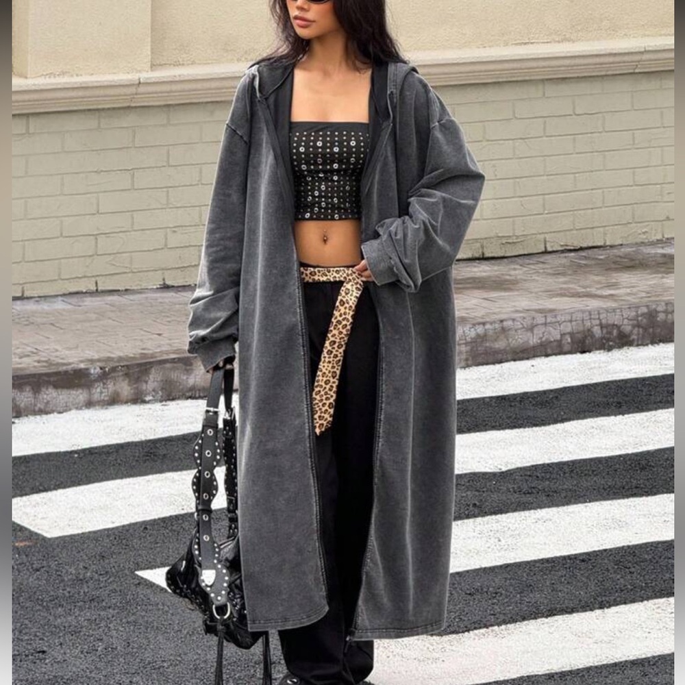Sweatshirt Gray Long hoodie charcoal stone wash zip up